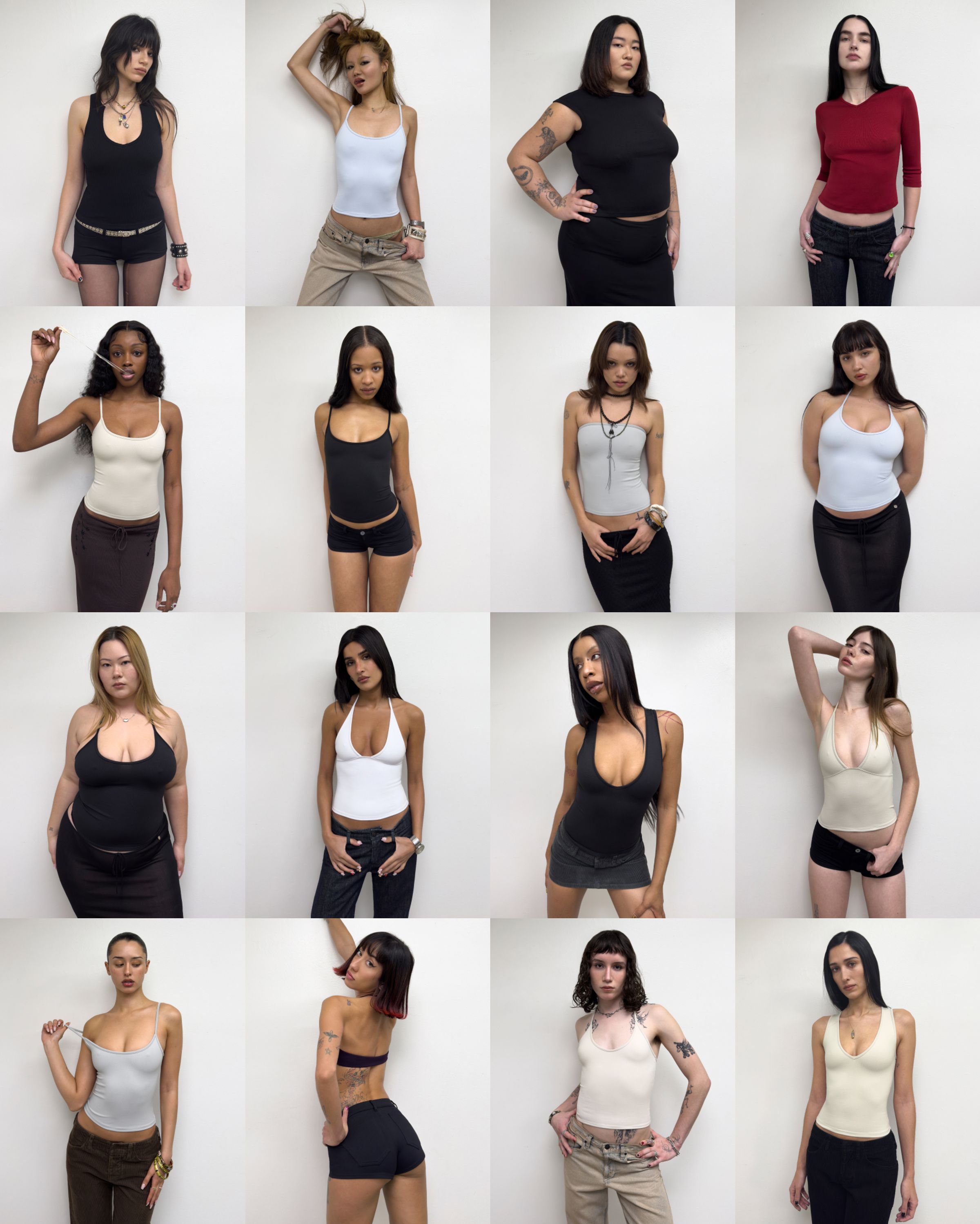 Tank Air SS25 Essentials shot in Los Angeles by Tank Air. Grid of Models wearing essentials.