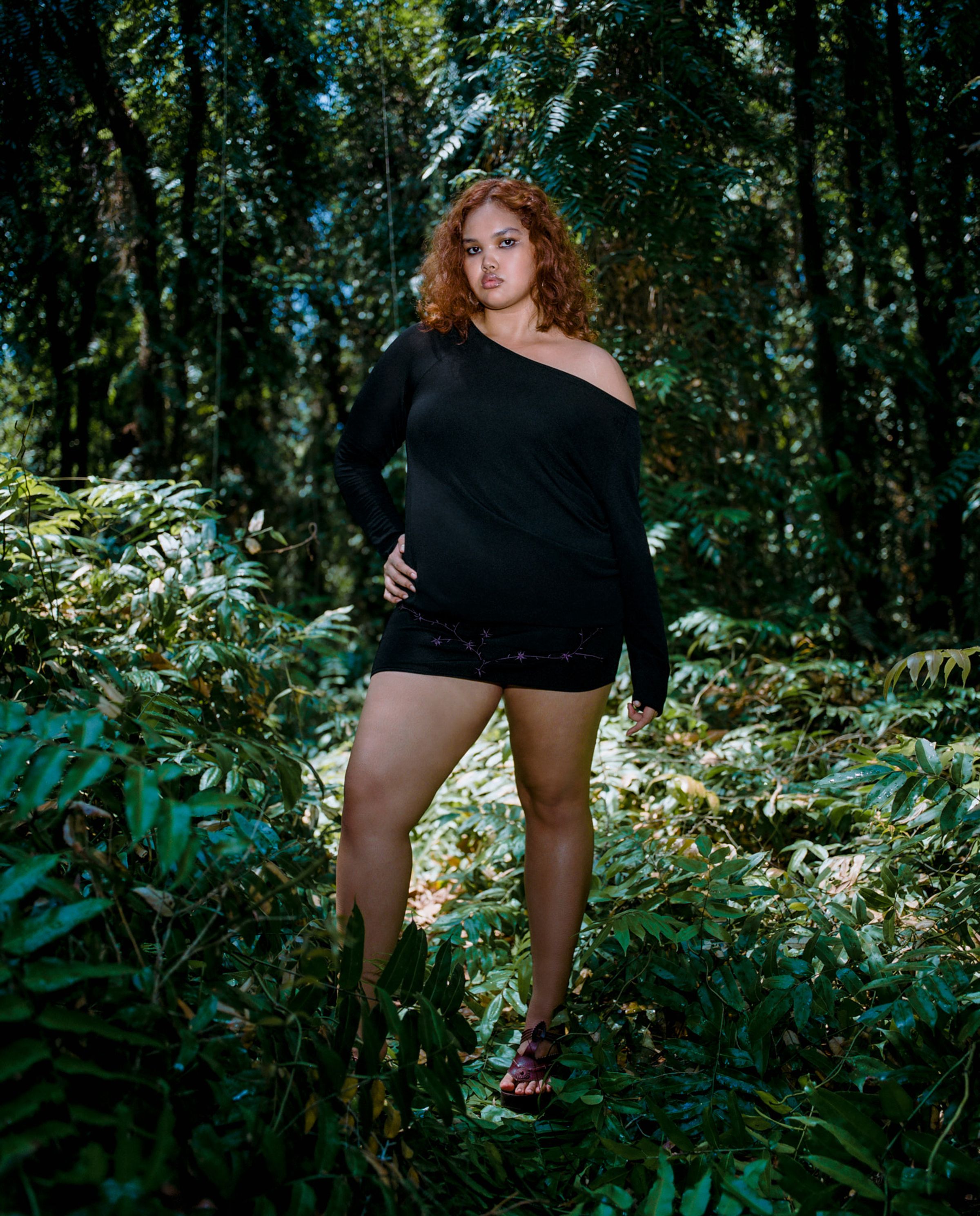 Tank Air SS24 ready-to-wear shot in Bangkok by Erika Kamano. Model wearing the Baby Leaf Mini Dress in Black in tropical forest.